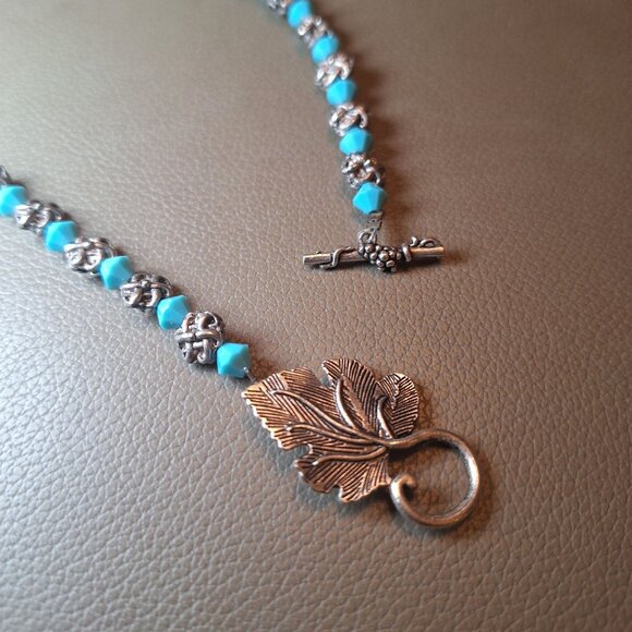 Vintage Turquoise Silver Bead Necklace Leaf Toggle Clasp 16 Inch Costume‎ - Picture 7 of 13
